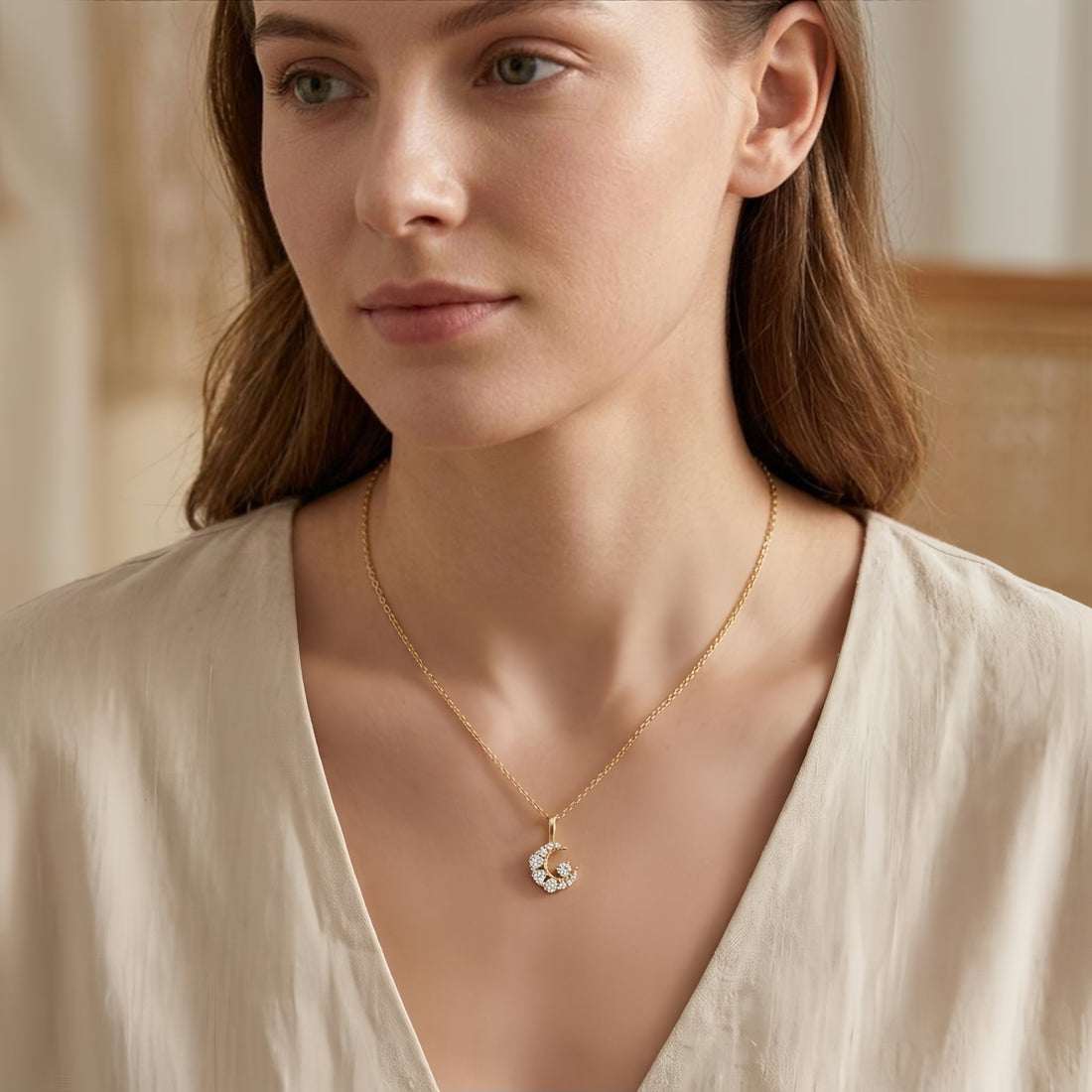 925 Sterling Silver Elegant Gold CZ Crescent Moon Pendant Necklace