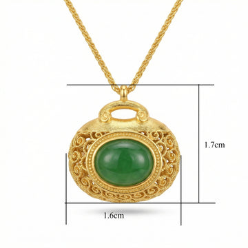 925 Sterling Silver Elegant Filigree Green Jadeite Pendant Necklace with Intricate Textured Metallic Detail