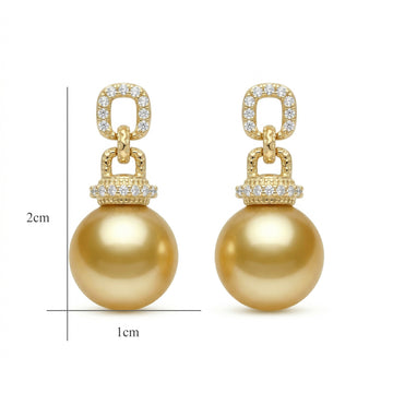 925 Sterling Silver Elegant South Sea Pearl Drop Earrings with Shimmering Diamond Accents and Textured Links