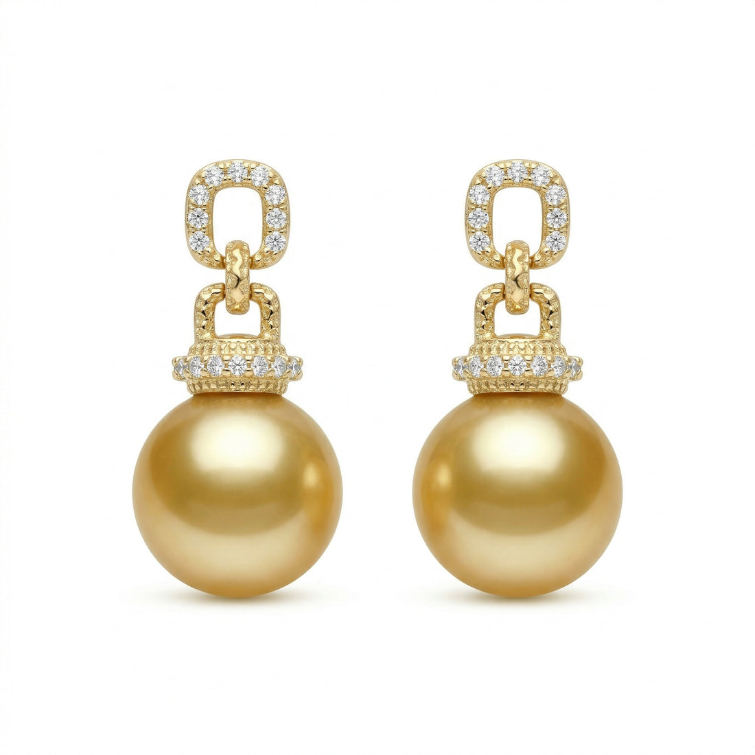 925 Sterling Silver Elegant South Sea Pearl Drop Earrings with Shimmering Diamond Accents and Textured Links