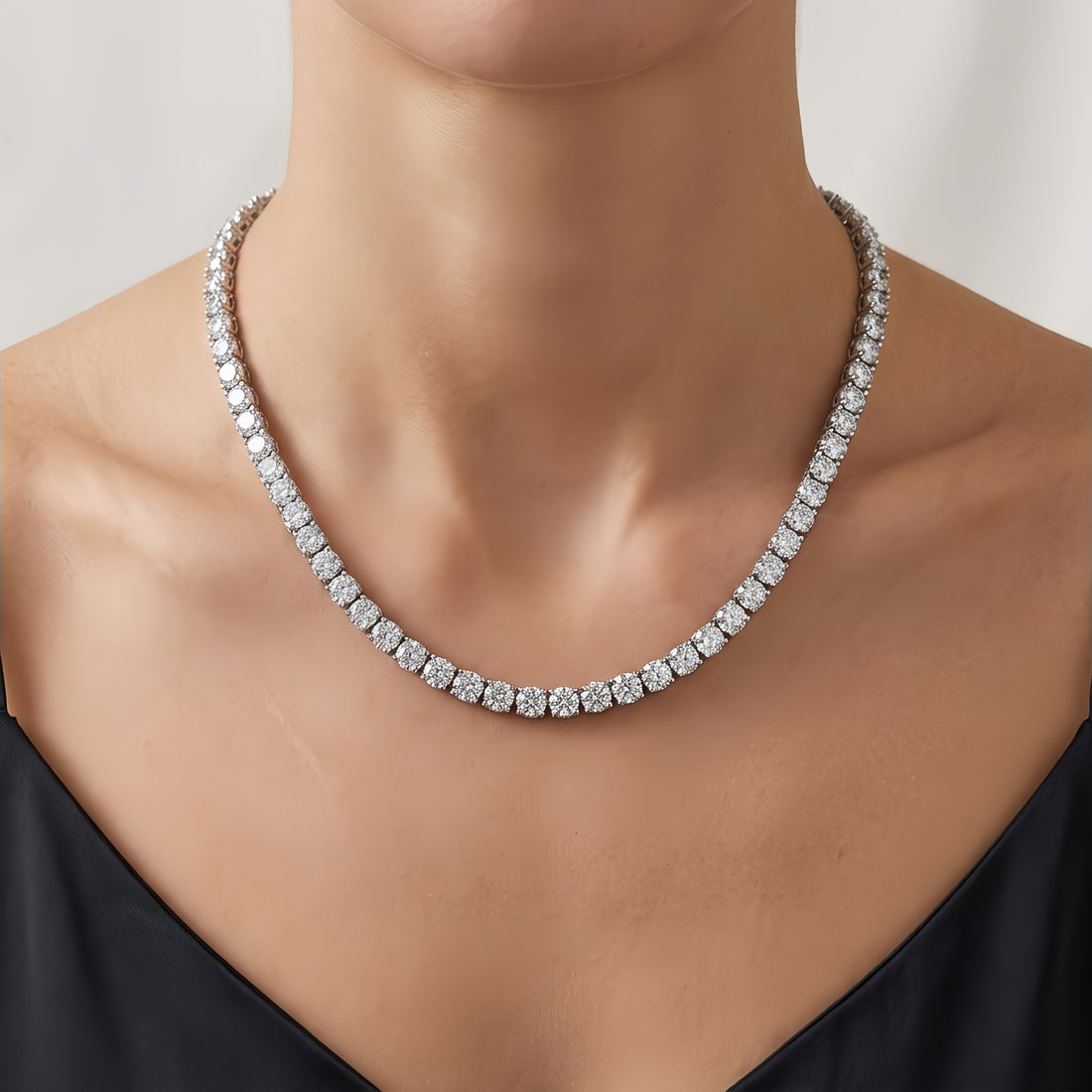 925 Sterling Silver Elegant Double-Strand CZ Necklace with Central Pendant