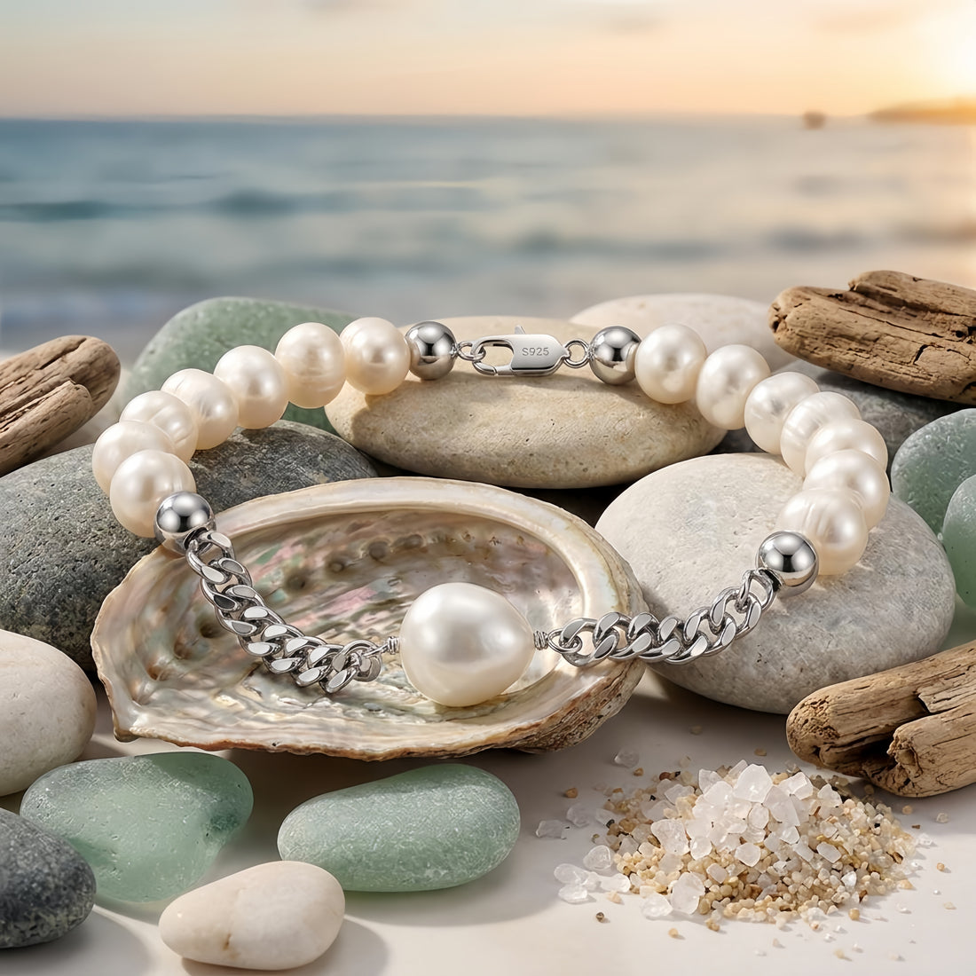 925 Sterling Silver Elegant Pearl and Sterling  Chain Bracelet with Teardrop Accent