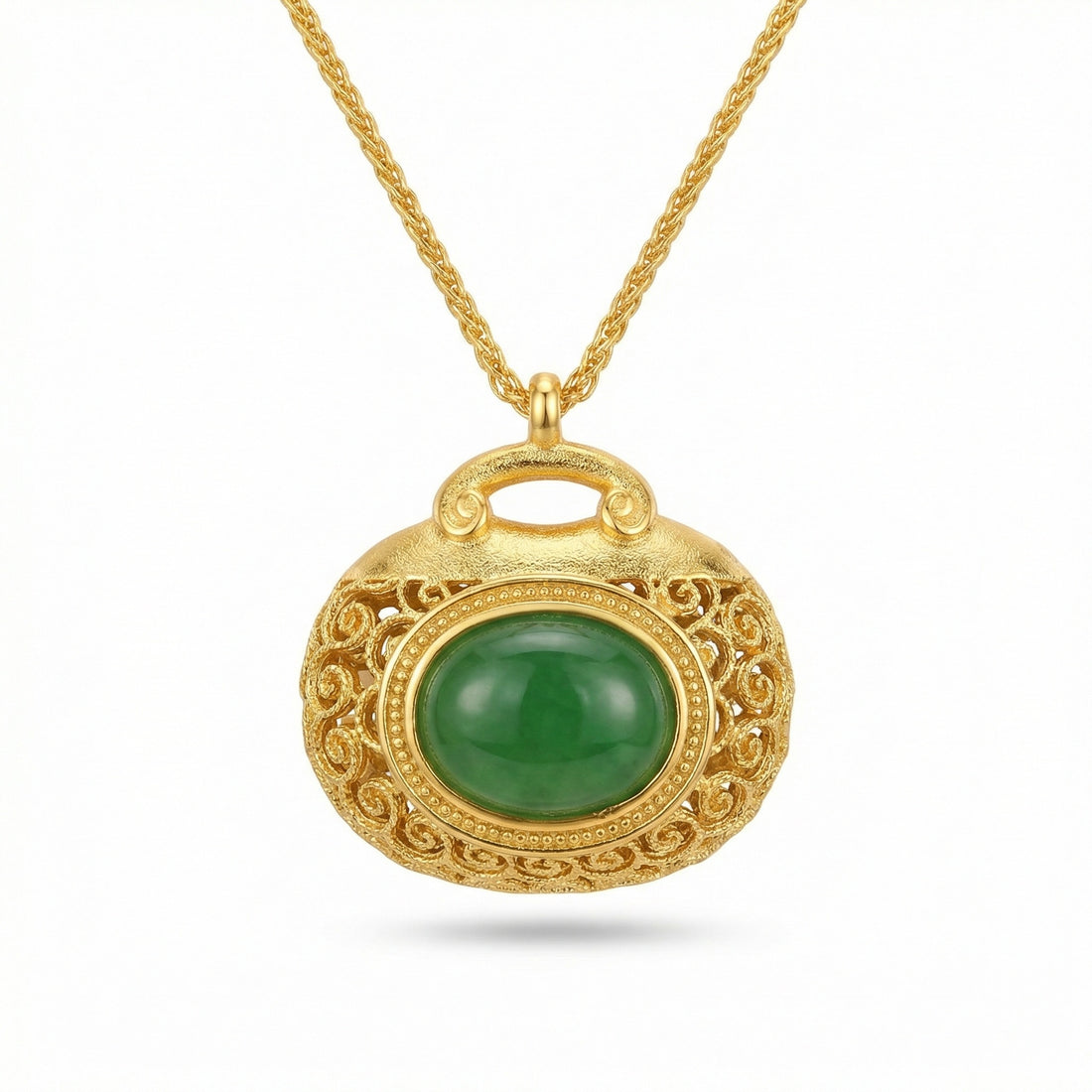 925 Sterling Silver Elegant Filigree Green Jadeite Pendant Necklace with Intricate Textured Metallic Detail