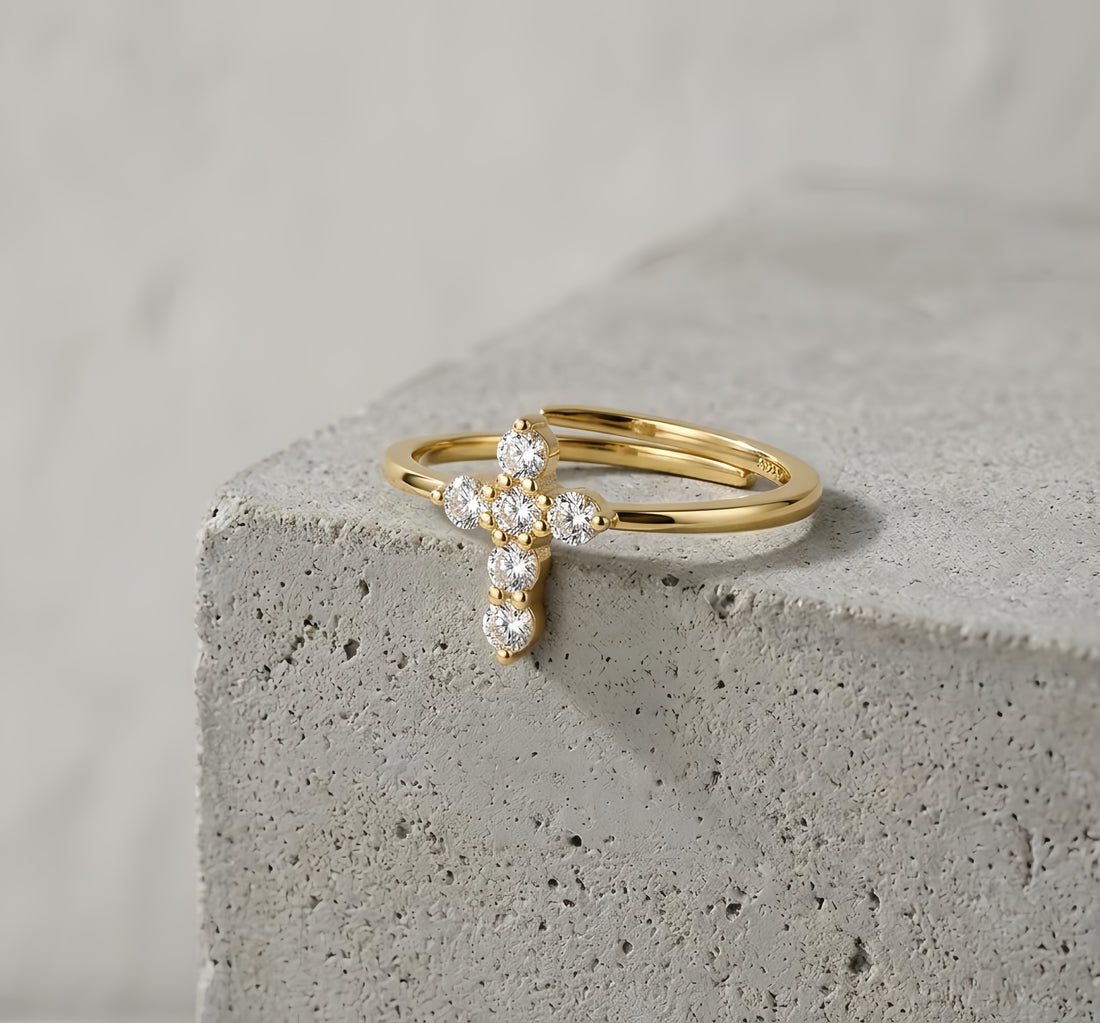 925 Sterling Silver Elegant Gold Cross Ring with CZ Accents and Delicate Interwoven Band