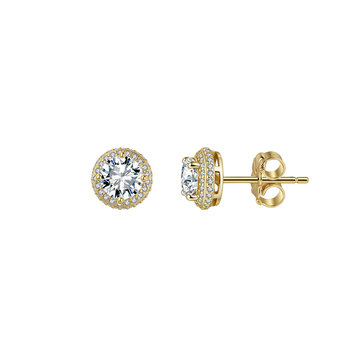 925 Sterling Silver Elegant Gold CZ Halo Stud Earrings with Butterfly Backs