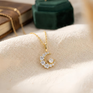925 Sterling Silver Elegant Gold CZ Crescent Moon Pendant Necklace