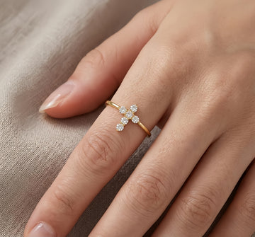 925 Sterling Silver Elegant Gold Cross Ring with CZ Accents and Delicate Interwoven Band